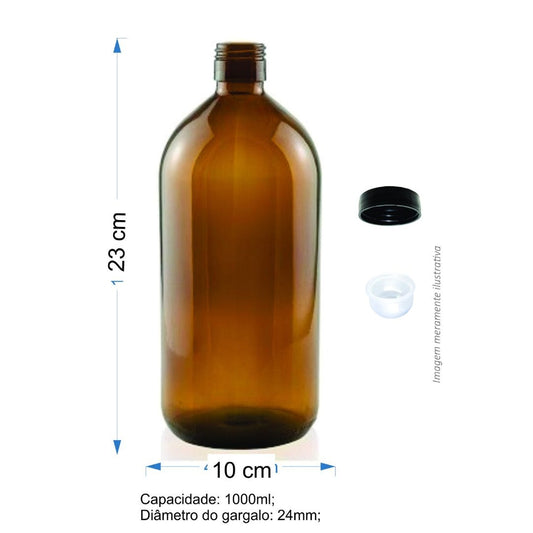 Vidro Âmbar com Tampa e Batoque - Frasco de 1000ml - Mundo dos Óleos